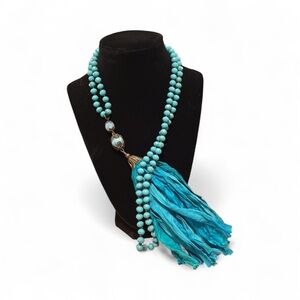 Aqua Beaded Necklace with Tassel